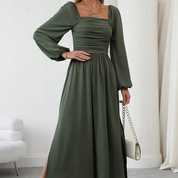 Green Elegant Women's Casual Square Neck Pleated Lantern Sleeve Dress - Picture 3 of 7
